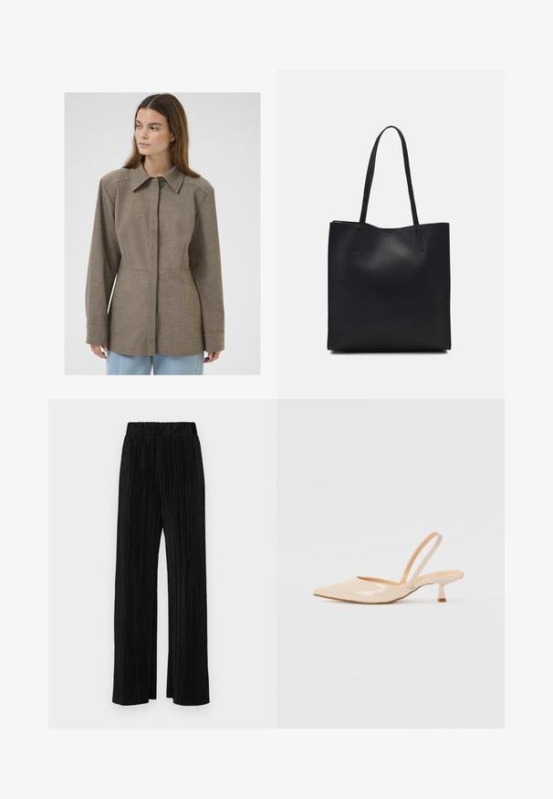 Brūna apkakles jaka ar teksturētu audumu, ar priekšējo pogu aizdari, garām piedurknēm un piegriezumu, kas uzsver figūru. Vienkāršs, tīrs dizains.; Balts bez piedurknēm tops ar apaļu kakla izgriezumu. Izgatavots no gludas auduma, tam ir brīvs piegriezums un minimālistisks dizains. Nav nekādas rakstainības vai akcentu.; Melni plīšu bikses ar elastīgu jostu. Tām ir platākas kājas un gluda, teksturēta auduma ar vertikālām svītrām.; Bežīgas lakotas ādas slingback papēži ar smailu purngalu un šauru, kvadrātveida papēdi. Gluda tekstūra un minimālistisks dizains bez dekorēšanas elementiem.; Melnas ādas somiņa ar gludu tekstūru, taisnstūra formu un divām garām rokturiem. Nav redzamu aparatūras vai rotājumu.