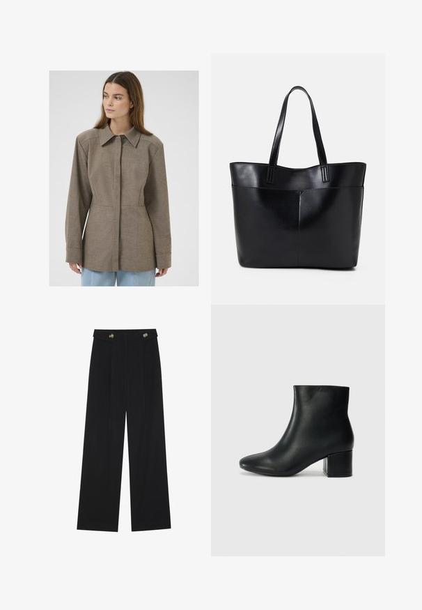 Brūna apkakles jaka ar teksturētu audumu, ar priekšējo pogu aizdari, garām piedurknēm un piegriezumu, kas uzsver figūru. Vienkāršs, tīrs dizains.; Melna garām piedurknēm krekls ar izplestu aproču, maigu tekstūru un brīvu piegriezumu, ar vienkāršu apaļu dekoltē.; Melnas platās bikses ar augstu jostasvietu, pogu detaļām uz jostas un priekšējām krokām.; Melna ādas potīšu zābaki ar smailu purngalu un masīlu papēdi. Gluda tekstūra ar minimāliem akcentiem un gludu, pieguļošu dizainu.; Melnas ādas iepirkumu soma ar divām garām rokturām, gludu tekstūru un strukturētu formu. Iekļauj priekšējo kabatu papildu uzglabāšanai.