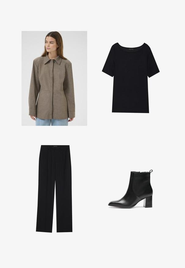 Pruun kraega jakk tekstuurses kangas, millel on ees nööpide kinnitamine, pikad varrukad ja kohandatud lõige. Lihtne, puhas disain.; Must have lühikeste varrukatega must T-särk, millel on avar kaelus. Valmistatud pehmest ja kergest kangast. Lihtne disain, ilma mustrite või lisanditeta.; Mustad püksid sirgjoonelise disainiga, millel on kaks esist taskut ja muudatus. Valmistatud siledast, kergekaalulisest kangast.; Mustmust musta kingad ümarate varvastega, keskmise kõrgusega blokk-kontsa ja tagaküljel tõmbetoru. Sile tekstuur, minimaalne disain.