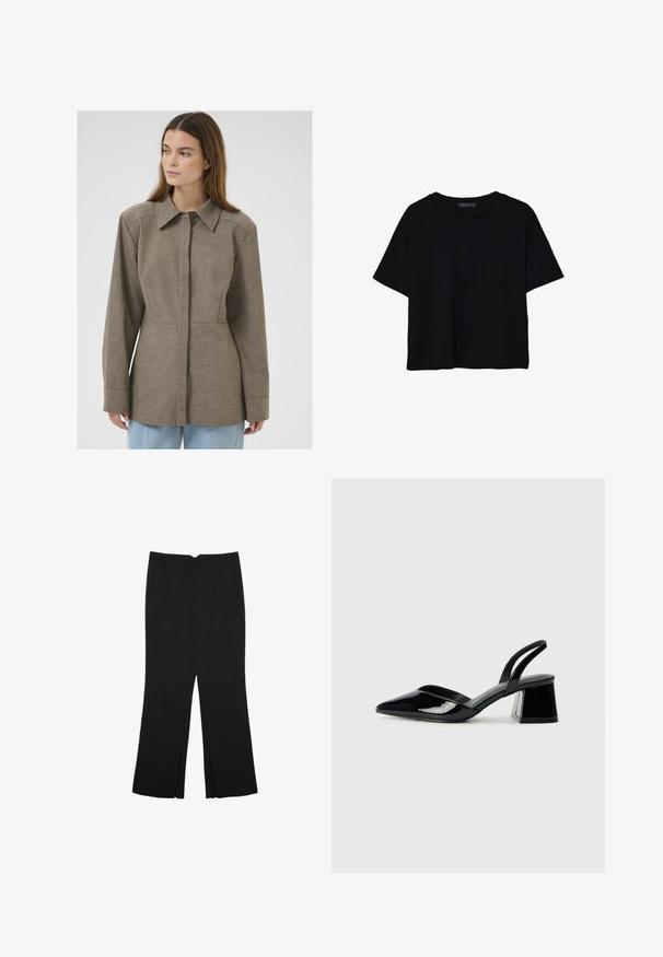 Brun kravejakke i et tekstureret stof, med frontknaplukning, lange ærmer og en skræddersyet pasform. Enkel, ren design.; Sort kortærmet T-shirt lavet af bomuld. Har rund hals og en løs pasform med en glat, ensfarvet tekstur. Ingen synlige mønstre eller detaljer.; Sorte bukser med lige pasform, der har frontlommer og slidser i kanten. Lavet af blødt, glat stof. Velegnet til forskellige anledninger.; Sorte patentlæder slingback hæle med spids tå og en geometrisk blok hæl. Har et elegant, minimalistisk design og en glat tekstur.