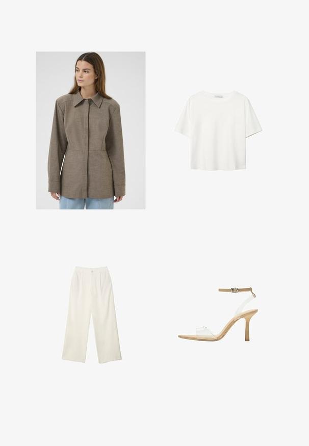 Smeđa jakna s ovratnikom izrađena od teksturiranog materijala, s prednjim kopčanjem na gumbe, dugim rukavima i krojem koji prati liniju tijela. Jednostavan, čist dizajn.; Bijela majica kratkih rukava od pamuka. Ima okrugli izrez i opušteni kroj. Glatka tekstura bez vidljivih uzoraka ili naglasaka.; Hlače širokih nogavica od kremaste tkanine s glatkom teksturom, s jednim prednjim gumbom, suptilnim plitvicama i visokim strukom.; Sandal s prozirnim potplatom i prozirnim gornjim dijelom, bež uloškom i tankim remenom oko gležnja. Ima špicasti vrh i tanak visoki potplat.