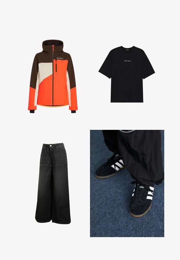 Värvikas suusajakk kapuutsiga, millel on pruunid, oranžid ja valged paneelid. Sisaldab tõmblukuga taskuid ja reguleeritavat äärt.; Must tees musta musta musta featured short sleeves ja ringi kaelusega disain. Esiküljel on keskelt valge tekst "Positiivne Siiras".; Mustad laiad denimpüksid kõrge vöökohaga, ees nupuga, taskud ja õrn logo eesmääral.; Mustad nahast spordijalatsid kolme valge triibuga ja mustade kingapaeltega. Kingade kõrval on osaliselt nähtavad tekstureeritud mustad püksid.