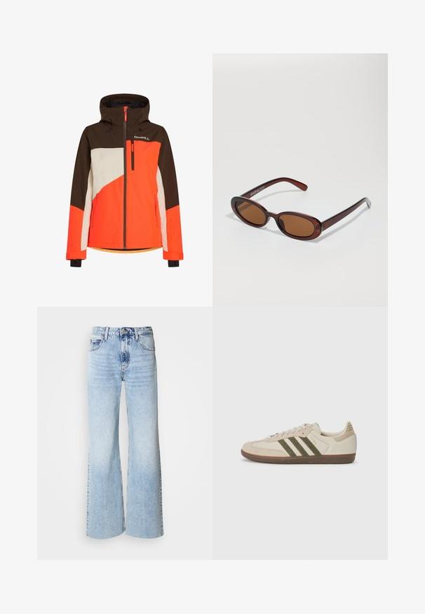 Colorful ski jacket with a hood, featuring brown, orange, and white panels. Includes zippered pockets and an adjustable hem.; White cotton t-shirt with a relaxed fit, short sleeves, crew neck, and no visible patterns or embellishments. Smooth texture.; Light blue wide-leg jeans with faded denim texture, high waist, and classic five-pocket design. Features a button and zipper closure.; adidas Originals SAMBA OG UNISEX - Trainers - alumina/medium dark khaki/gum; Round, brown-tinted sunglasses with a glossy burgundy frame. Slim arms with subtle branding detail. Flat lens design.