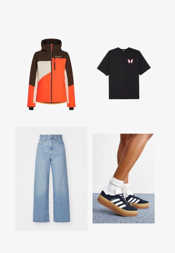 Veste de ski colorée avec capuche, présentant des panneaux marron, orange et blanc. Comprend des poches zippées et un ourlet ajustable.; T-shirt en coton noir à manches courtes, avec un petit graphique de papillon rose sur la poitrine gauche. Modèle à col rond avec une coupe décontractée.; Jean large taille haute bleu clair avec bouton et fermeture éclair à l'avant, poches avant et arrière, sur fond blanc.; Baskets en daim noir avec des rayures et des accents blancs, bout arrondi, semelle extérieure en caoutchouc gomme, associées à des chaussettes blanches côtelées mi-mollet.