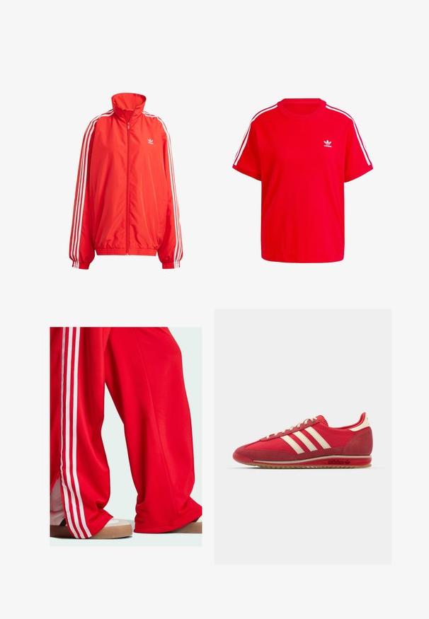 Rød vindjakke med høy krage, glidelås, hvite striper på ermene, elastiske mansjetter og midje; har liten logo på brystet.; Rød bomulls t-skjorte med rund hals, korte ermer, hvite tre-stripes detaljer på skuldrene, og en liten hvit logo på brystet.; Røde joggebukser med hvite striper langs sidene, med en løs passform og glidelåsdetalj ved kanten. Brukt med lyse treningssko.; Røde idrettssko med teksturert overdel, tre hvite striper, rund tå og gummisåle med logo-detaljer på siden.