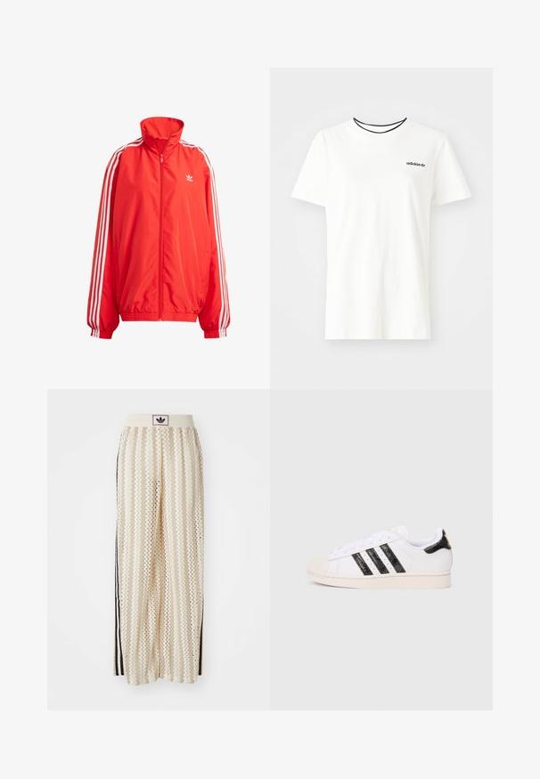 Raudonas vėjui atsparus striukė su aukštu apykakle, užtrauktuku, baltais dryžiais ant rankovių, elastingais rankogaliais ir juosmeniu; turi mažą logotipą ant krūtinės.; Balta medvilnė marškinėliai su trumpomis rankovėmis ir apvalia iškirpte. Ant krūtinės yra juodas Adidas logotipas, o vidinė apykaklė yra kontrastinga juoda.; Grietos spalvos plačios kelnės su zigzagų raštu, turinčios juodą logotipo juostą ir šonines juodas juosteles. Lengvas, tekstūruotas audinys.; Baltos sportiniai bateliai su juodomis tekstūruotomis juostelėmis ir akcentais; turi guminį piršto apsaugą, plokščias raišteles ir paminkštinimą aplink kulkšnį.