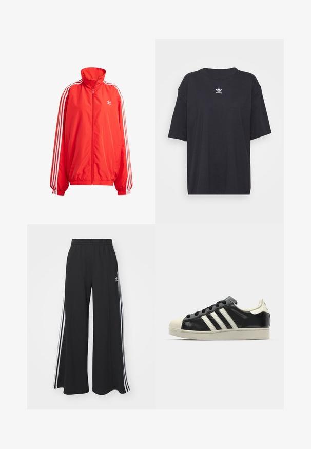 Raudonas vėjui atsparus striukė su aukštu apykakle, užtrauktuku, baltais dryžiais ant rankovių, elastingais rankogaliais ir juosmeniu; turi mažą logotipą ant krūtinės.; Juodas medvilnės marškinėliai trumpomis rankovėmis, apvaliu iškirpimu, su baltu Adidas logo ant krūtinės. Paprastas dizainas, laisvas kirpimas.; Juodos plačios kojų džinsinės kelnės su elastingu juosmeniu, turinčios baltas šonines juosteles ir išsiuvinėtą logotipą kairiajame šlaunyje.; Juodi odiniai sportiniai bateliai su baltais dryžiais, guminis toe kapas, juodi raišteliai ir kreminis padas. Lygus pavirčius su blizgiu finišu.