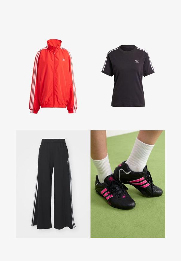 Rdeča vetrovka z visokim ovratnikom, zadrgo, belimi črtami na rokavih, elastičnimi manšetami in pasom; na prsih ima majhen logotip.; Črna bombažna kratkotrajna majica s kratkimi rokavi in okroglim izrezom, ki ima bele črte na ramenih in majhno belo Adidasovo logo na prsih.; Črne široke trenirke z elastičnim pasom, ki imajo bele stranske proge in vezeno logo na levi stegna.; Črne atletske čevlje s tremi rožnatimi črkami, zgornji del iz teksturirane usnje, črne vezalke in podrobnost z logotipom, v kombinaciji z belimi rebrastimi nogavicami na zeleni površini.