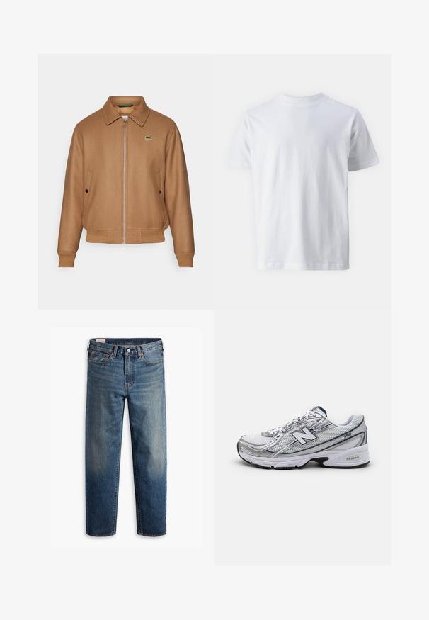 Lacoste Bomber Jacket - cookie; White short-sleeve t-shirt made of cotton, featuring a crew neckline and a smooth texture, with a straight cut and no patterns.; Dark blue denim jeans with a relaxed fit, straight legs, five-pocket design, and subtle fading at the thighs. Silver button and rivets.; New Balance athletic shoe with a mesh upper, predominantly white with gray and navy accents, featuring a cushioned sole and textured detailing.
