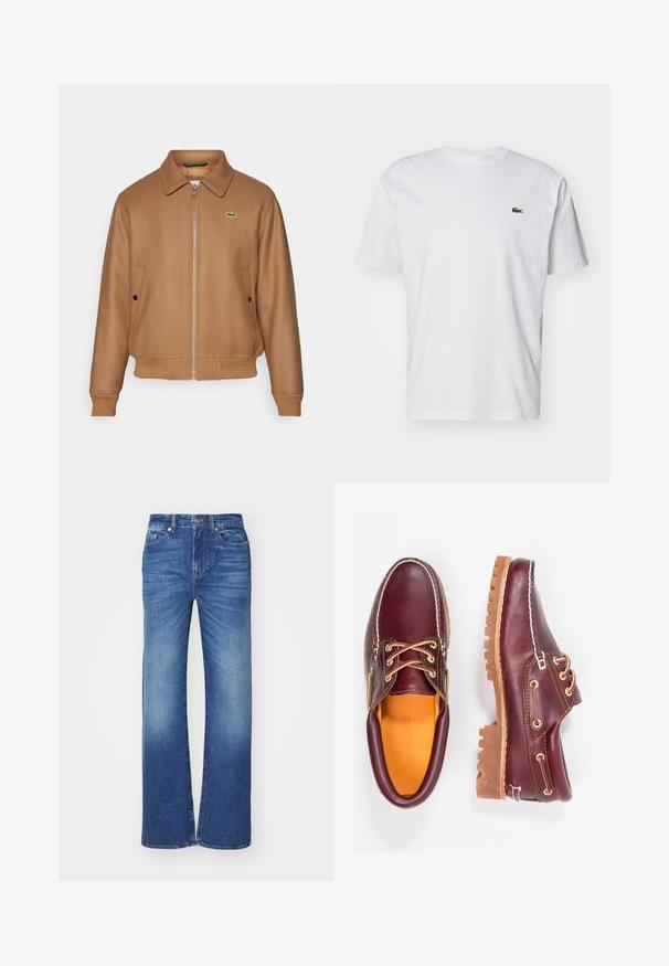 Lacoste Blusão aviador - cookie; T-shirt de algodão branco com decote redondo, mangas curtas e um pequeno logótipo bordado verde no peito. Design clássico de corte reto.; Jeans de ganga azuis com um design de perna reta, apresentando um lavagens desbotada, cinco bolsos e um fecho de botão e zíper na cintura.; Sapatos de couro bordô com solas de borracha castanhas, bico arredondado, costura branca e ilhós dourados. O interior apresenta um forro amarelo.