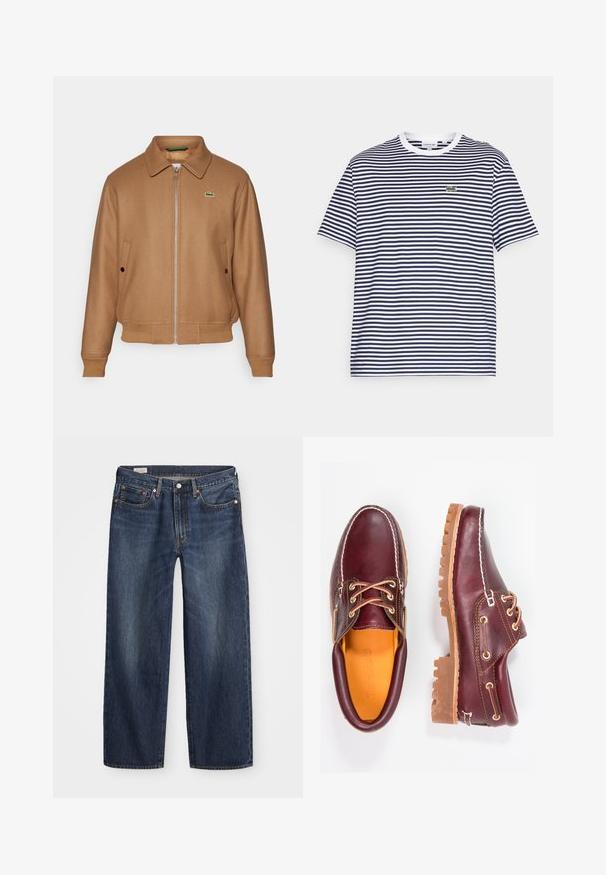 Lacoste Bomberjacka - cookie; Marinblå och vit randig bomullströja med rund hals och korta ärmar. Har en liten grön krokodil-logotyp på bröstet.; Mörkblå denimjeans med rak benform, femfickorsdesign, metallknapp och dragkedja, samt subtila slitningar.; Burgundy läderskor med bruna gummisulor, rund tå, vit söm och gyllene öljetter. Inredningen har en gul foder.