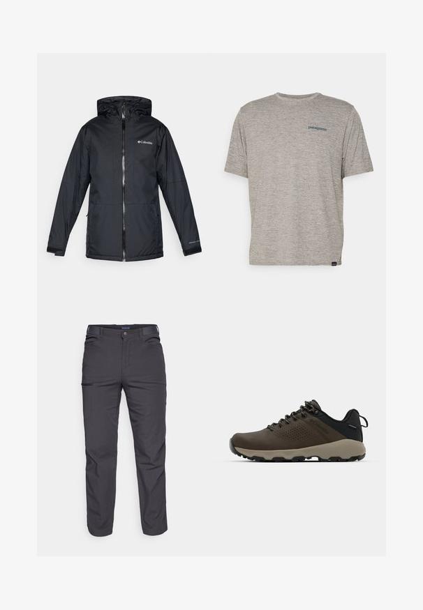 Juodas Columbia vandeniui atsparus jaqueta su kapišonu, priekyje su užtrauktuku, reguliuojamais rankogaliais ir logotipu ant krūtinės bei rankovės.; Pilkas trumpas rankovės marškinėliai, pagaminti iš minkštos, tekstūruotos medžiagos, ant kairiojo krūtinės puikuojasi mažas mėlynas Patagonia logotipas. Be papildomų raštų.; Tamsiai pilki kelnės, pagamintos iš patvarios medžiagos, su užtrauktuku užsegamu kišeniu, tiesiu kirpimu ir diržo kilpom pritaikytiems dydžiams.; Rudi nepralaidūs sportbačiai su tekstūruota viršutine dalimi, perforuotomis detalėmis, juodu kulno palaikymu ir pilku guminio padu. Šniūreliai yra dekoruoti metaliniais galais.