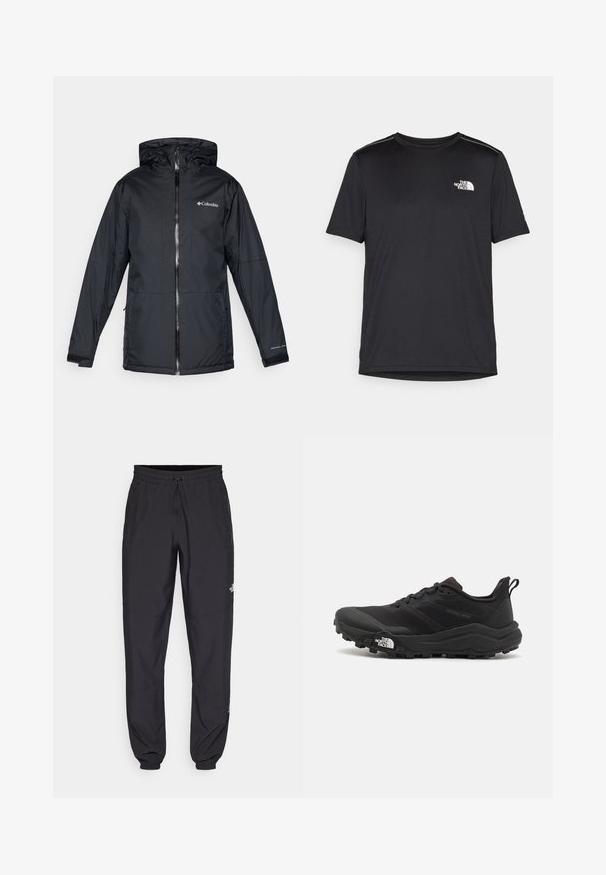 Schwarze Columbia wasserdichte Jacke mit Kapuze, Frontreißverschluss, verstellbaren Bündchen und Logo auf der Brust und dem Ärmel.; Schwarzes T-Shirt mit kurzen Ärmeln aus leichtem Stoff. Mit einem kleinen weißen Logo auf der linken Brust und dezenten Akzenten an den Schultern.; Schwarze Sporthosen aus leichtem Stoff, mit einem Kordelzugbund, seitlichen Taschen und schmal zulaufenden Bündchen an den Knöcheln.; Schwarzer Trailrunning-Schuh mit strukturiertem Obermaterial, Gummisohle und verstärkter Zehenkappe. Verfügt über einen gepolsterten Kragen und eine Ziehlasche für einfaches Anziehen.