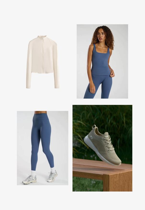Lys beige langærmet jakke med høj krave, fuld frontlynlås, sømløse skuldre og glat stoftekstur. Minimalistisk design.; Blå tætsiddende tanktop med firkantet udskæring, lavet af et glat, strækbart stof. Kombinationen med matchende højhalsede leggings.; Høj talje blå leggings lavet af strækbart stof med en glat tekstur, der har et tætsiddende design og diskrete sømme for komfort.; Beige atletisk sko med tekstureret overdækning, snørebånd og støttende hælkappe, hviler på en træoverflade, sat mod grønne planter.