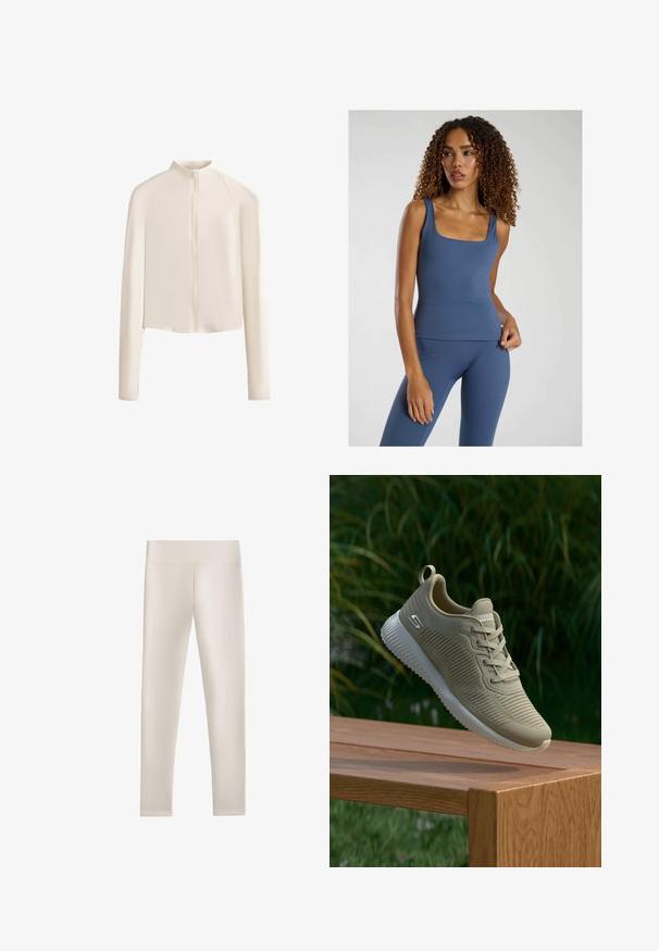 Lichtbeige lange mouw jack met een hoge kraag, volledige voorrits, naadloze schouders en een gladde stoftextuur. Minimalistisch ontwerp.; Blauw aansluitend tanktop met een vierkante halslijn, gemaakt van een gladde, rekbare stof. Gecombineerd met bijpassende high-waisted leggings.; Lichtbeige legging gemaakt van glad, rekbaar materiaal. Beschikt over een hoge, brede tailleband en een getailleerde vorm, zonder zichtbare naden of patronen.; Beige sportieve schoen met een gestructureerde bovenkant, veters en een ondersteunende hielstrip, rustend op een houten oppervlak, tegen een achtergrond van groene bladeren.