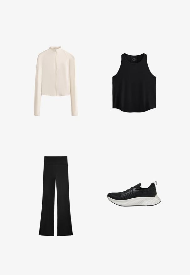 Svetlobežový kabát s dlhým rukávom, vysokým golierom, plným predným zipsom, bezšvovými ramenami a hladkou textúrou látky. Minimalistický dizajn.; Čierny bezrukávový top vyrobený z hladkej látky, s okrúhlym výstrihom, priamym strihom a bočnými panelmi s jemnou textúrou.; Čierne nohavice so širokým strihom, s vysokým pásom a bočnými rozparkami pre ľahký pohyb. Vyrobené z hladkého, elastického materiálu.; Čierna športová obuv s textúrovaným zvrškom, bielou polstrovanou podrážkou a nenápadným brandingom. Obsahuje pútko a šnurovanie.
