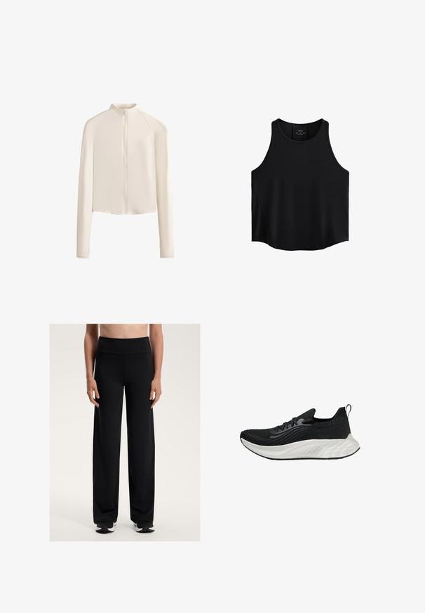 Svetlobežový kabát s dlhým rukávom, vysokým golierom, plným predným zipsom, bezšvovými ramenami a hladkou textúrou látky. Minimalistický dizajn.; Čierny bezrukávový top vyrobený z hladkej látky, s okrúhlym výstrihom, priamym strihom a bočnými panelmi s jemnou textúrou.; Čierne široké športové nohavice s vysokým pásom. Vyrobené z hladkej, elastickej tkaniny, ponúkajú voľný strih a subtílnu textúru.; Čierna športová obuv s textúrovaným zvrškom, bielou polstrovanou podrážkou a nenápadným brandingom. Obsahuje pútko a šnurovanie.