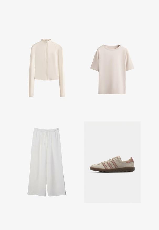 Svetle béžová dlouhá bunda s vysokým límcem, plným předním zipem, bezšvovými rameny a hladkou texturou tkaniny. Minimalistický design.; Světle béžové tričko s krátkým rukávem vyrobené z měkké, hladké tkaniny s kulatým výstřihem a volným střihem, s minimem švů a bez viditelných vzorů.; Bílé kalhoty s širokými nohavicemi vyrobené z lehké tkaniny, s elastickým pasem a stahovací šňůrkou pro nastavitelnou velikost. Hladká textura.; Béžové semišové tenisky s růžovými akcenty, obsahující tři překrývající se pruhy, texturovanou špičku a gumovou podrážku s drážkami.