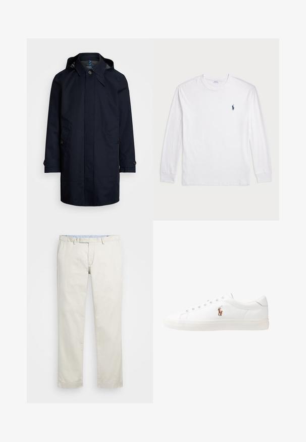 Casaquinho impermeável azul marinho com capuz, fecho de botão, dois bolsos frontais e detalhes em abas nas mangas. Acabamento exterior liso.; Camisola de manga longa branca feita de algodão. Apresenta um decote redondo, punhos canelados e um pequeno logótipo de polo azul-marinho no lado esquerdo do peito.; Chinos de algodão bege com frente plana, passantes para cinto e bolsos laterais. Design de perna reta com uma textura suave e uma sensação leve e respirável.; Sapatilhas de couro brancas, design de cano baixo, com textura suave, biqueira redonda, atacadores à frente e um pequeno logótipo bordado na lateral.