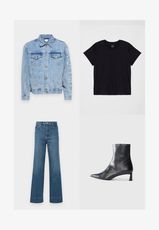 Ksubi OVERSIZED TORN UP JACKET  - Džinsa auduma jaka - denim; Melns īsais krekliņš ar īsām piedurknēm, kas izgatavots no mīkstas kokvilnas. Klasisks apaļas kakla dizains ar vienkāršu, neizpušķotu virsmu un brīvu piegriezumu.; Platas kājas zila denim bikses ar augstu jostasvietu, piecu kabatu dizainu un saplaisājušu apakšmalu. Audumam ir gluda tekstūra ar nelielu izbalēšanu.; Melnas ādas potītes zābaki ar norādītu pirkstu un elegantu dizainu. Iezīmē zemu papēdi un rāvējslēdzēja aizdari aizmugurē. Gluda tekstūra.