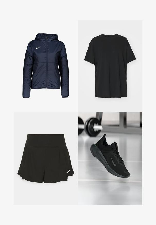 Navy blue puffer jacket with a zipper, hood, and white Nike logo on the left chest; features elasticized cuffs and smooth texture.; Black short-sleeve t-shirt made of smooth fabric, with a crew neck and loose fit. Features side slits for added comfort and breathability.; Black athletic shorts with a wide waistband, pleated detailing, curved hem, and white Nike logo on the lower right side.; Black sports sneaker with Nike logo, shown mid-air on gym floor, with blurred dumbbell rack in background.