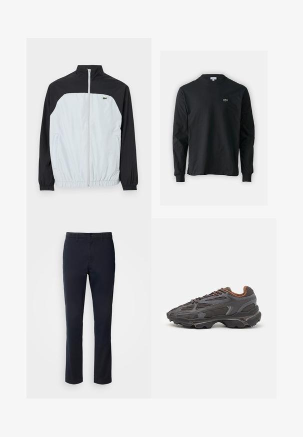 Hvid og sort vindjakke med høj krave, lynlås foran, elastiske cuffs og et lille grønt logo på brystet.; Sort langærmet t-shirt lavet af bomuld, med rund halsudskæring og et lille grønt broderet krokodillelogo på venstre bryst.; Marineblå bukser lavet af glat stof, der har et lige ben-design, bælteløkker og en knaplukning med lynlås.; Lacoste sneakers i mørkegrå med mesh og syntetisk materiale, udstyret med en tekstureret sål og brune accenter på kraven og brandingen.