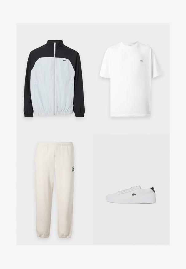 Valge ja must tuulejakke, millel on kõrge kaelus, tõmblukk ees, elastsed mansetid ning väike roheline logo rinnal.; Valge puuvillane T-särk ümmarguse kaeluse ja lühikeste varrukatega. Vasakul rinna küljes on väike must Lacoste'i logo.; Heledadbežased püksid, mis on valmistatud puuvillast, varustatud elastse vöökohtaga, soonikute lõpetustega ja vasakul jalal on roheline logo lehe kujundusega.; Valge nahast tenniseking ümara ninaga, lukkude ja musta kontsa aktsendiga. Külgedel on väike broderi krokodilli logo.