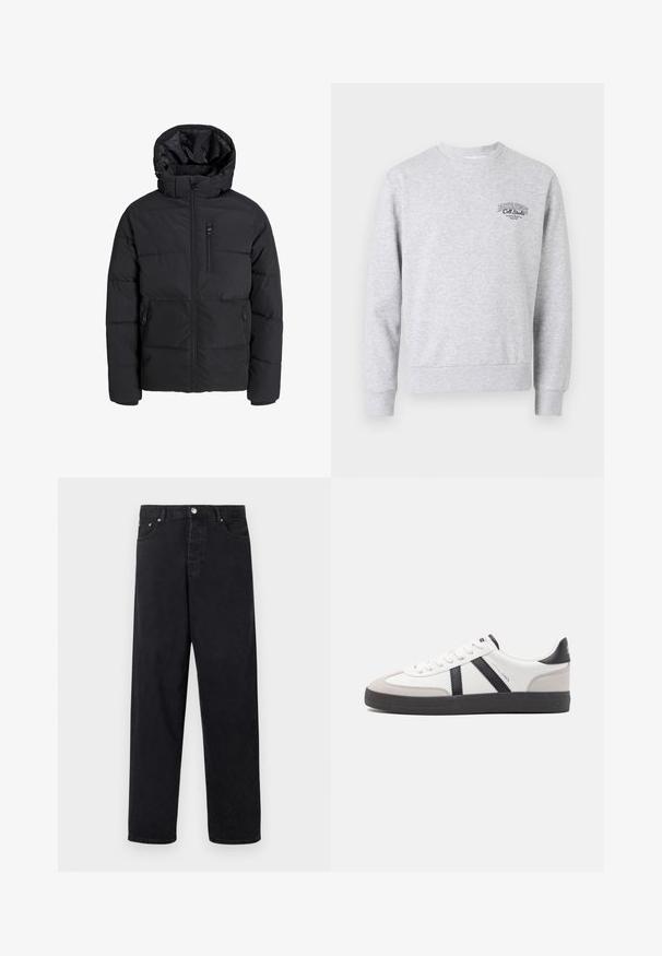 Geacă puffer neagră cu glugă, cu un fermoar frontal, două buzunare laterale și un buzunar pe piept. Material neted, izolat, cu secțiuni matlasate.; Hanorac gri cu guler rotund, cu manșete și tiv ribbate, având un mic logo negru pe piept. Confectionat dintr-un material moale, texturat.; Jeans negre cu talie înaltă, drepti, cu închidere prin buton, bucle pentru curea și buzunare în față și în spate, pe un fundal alb.; Sneaker alb cu accente negre și gri, având un capac de vârf gri texturat, talpă din cauciuc negru și șireturi plate albe. Design elegant, stil minimalist.