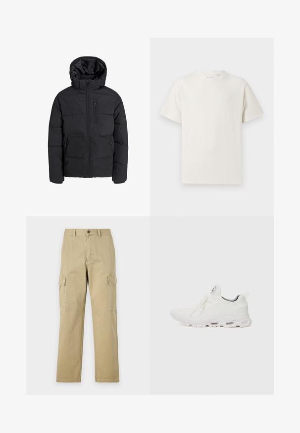 Giacca a puffo nera con cappuccio, dotata di zip frontale, due tasche laterali e una tasca sul petto. Tessuto liscio e isolato con sezioni trapuntate.; T-shirt bianca a maniche corte in texture a coste. Girocollo, vestibilità rilassata, senza modelli o accenti visibili. Design semplice e versatile.; Pantaloni cargo beige in cotone, dotati di due tasche laterali, chiusura con bottone e gamba dritta con tessuto leggermente texture.; Scarpe atletiche bianche con tomaia in maglia testurizzata, lacci piatti e una suola ammortizzata con camere d'aria visibili per un supporto aggiuntivo.