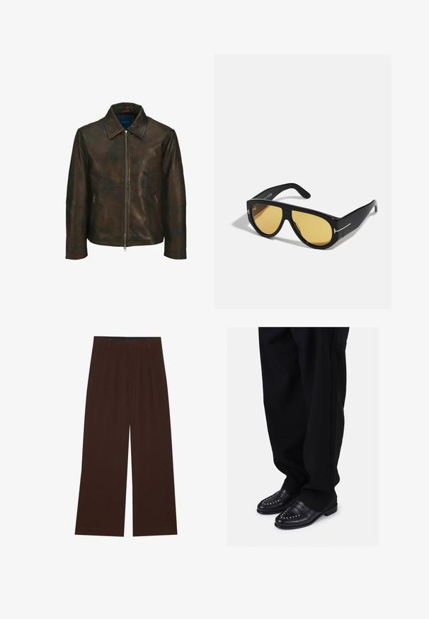Veste en cuir brun avec un col, fermeture éclair frontale et deux poches latérales à zip. Elle présente une texture lisse et un aspect légèrement usé.; Chemise blanche à manches longues avec boutons, fabriquée dans un tissu lisse. Dotée d'un col classique, de boutons sur le devant et de poignets à un bouton. Design ajusté.; Pantalons amples marron avec des plis. Fabriqués en tissu lisse, avec une taille cintrée et des poches latérales. Ourlet plat en bas.; Mocassins en cuir noir avec des clous décoratifs et une finition lisse, associés à un pantalon noir ample.; Lunettes de soleil noires avec une monture géométrique, verres jaunes et accents dorés sur les branches. Texture lisse, forme large, design contemporain.; Cravate rayée marron avec des lignes verticales de largeurs variables, ornée d'accents blancs et violet foncé, faite en tissu texturé.