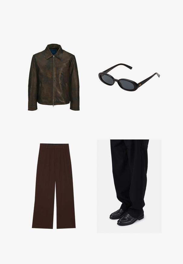 Brūna ādas jaka ar apkakli, priekšējo rāvējslēdzēja aizdari un divām sānu kabatām ar rāvējslēdzējiem. Tam ir gluda tekstūra un nedaudz nolietota izskata.; Balta gara piedurkņu pogājamā krekls, kas izgatavots no gludas auduma. Iezīmē klasiskās apkakles, priekšējās pogas un pogturi ar vienu pogu. Šaura piegriezuma dizains.; Brūni plaša kāju bikses ar krokām. Izgatavotas no gluda auduma, ar pielāgotu jostas vidi un sānu kabatām. Lietus piegriezums apakšā.; Melna ādas loafers ar dekoratīviem kniedēm un gludu apdari, saskaņoti ar brīvām melnām biksēm.; Melnu pārspīlēto saulesbrilles ar ovālām lēcām, gludu plastmasas rāmja un zelta akcentiem uz tempļiem. Tumšie lēcas nodrošina saules aizsardzību.; Brūns svītrots kaklasaites ar vertikālām līnijām dažādās platumos, ar baltām un tumši purpursarkanām akcentiem, izgatavota no teksturēta auduma.