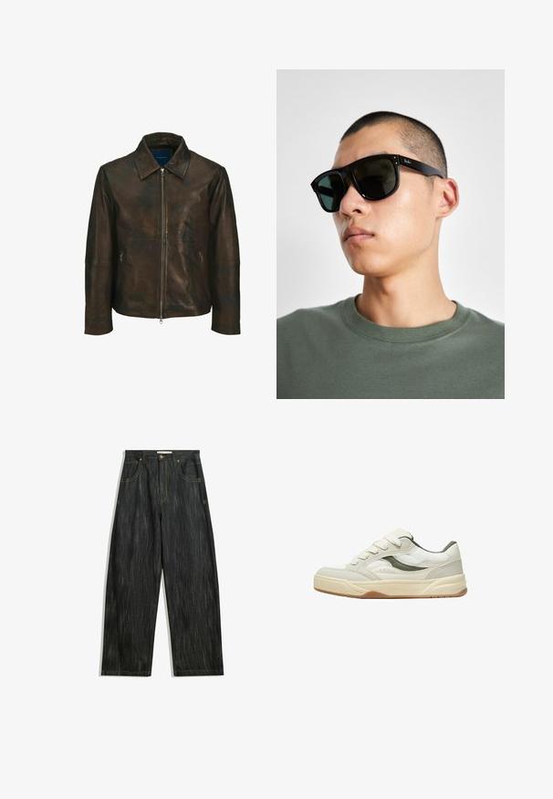 Braune Lederjacke mit Kragen, vorderem Reißverschluss und zwei seitlichen Reißverschlusstaschen. Sie hat eine glatte Textur und einen leicht gewollten Look.; Schwarzes Baumwoll-T-Shirt mit kurzen Ärmeln, Rundhalsausschnitt und weißem "Carhartt"-Logo auf der linken Brust. Glatte Textur, minimalistisches Design.; Dunkelblaue Jeans mit lockerer Passform, mit subtiler vertikaler Struktur, gelben Nähten, fünf Taschen und klassischem Knopfverschluss.; Weißer und grauer Sneaker mit einem Obermaterial aus strukturiertem Leder, Mesh-Einsätzen, gepolsterter Zunge und einer Gummisohle. Verfügt über kontrastierende grüne Akzente.; Schwarze rechteckige Sonnenbrille mit dunklen Gläsern, die eine markante Form und eine Markierung am Bügel aufweist. Getragen von einer Person in einem grünen Hemd.