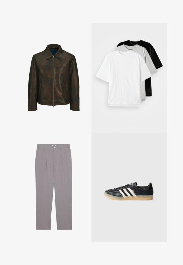 Pruun nahast jakk, millel on krae, ees lukuga sulgemine ja kaks külgmist lukuga taskut. Omab sujuvat tekstuuri ja veidi kulunud välimust.; Kaks lühikeste varrukatega T-särki valges, hallis ja mustas värvitoonis. Igal särgil on klassikaline ümar kaelus ja sile, puuvillane tekstuur.; Hallid nagu ühtlaselt lõigatud hallid püksid, millel on kaks esikülje taskut, voldid ja nupuvääristus. Valmistatud kergest kangast.; Musthave mustelnahktel ketsid valgete triipudega, tekstureeritud kangast, sileda nahast varbaga ja kummist tallaga. Omab logo keeles.