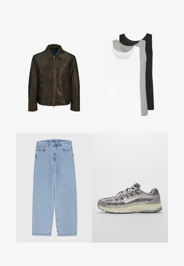 Pruun nahast jakk, millel on krae, ees lukuga sulgemine ja kaks külgmist lukuga taskut. Omab sujuvat tekstuuri ja veidi kulunud välimust.; Kolme topit valgest, hallist ja mustast. Igaühel on klassikaline varrukateta disain, valmistatud kergest puuvillalisest kangast, millel on soonikstruktuur.; Heled sinise denimi sirgete põlvede lõikega teksad, millel on keskmise kõrgusega vöökoht, viis taskut ning nööbid ja tõmblukk.; Hallus hallitus jalanõud, millel on võrgust ja sametist ülemine osa, valged rõhutused, pehme tald ning eristuv disain peegelduvate elementidega.