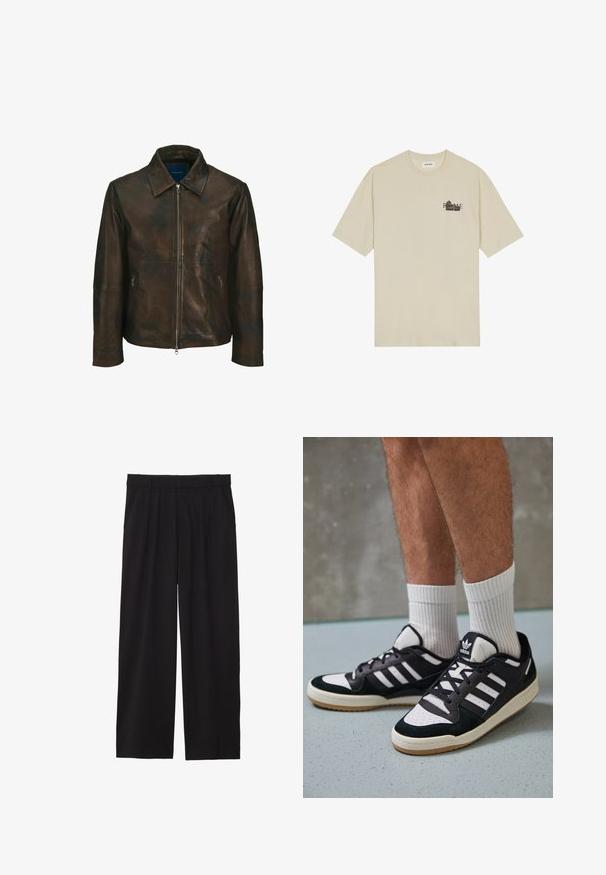 Rjava usnjena jakna s ovratnikom, sprednjim zadrgo in dvema stranskima žepoma z zadrgo. Ima gladko teksturo in nekoliko obrabljeni videz.; Bež majica iz bombaža s kratkimi rokavi, okroglo ovratnico in črnim grafičnim natisom, na katerem je na sprednji strani napisano "RIM".; Črne široke hlače z nabranim sprednjim delom, stranskimi žepi in gladko teksturo tkanine. Oblikovane za sproščen kroj.; Črno-bele superge z zgornjim delom iz usnja in nubuka, ki imajo tri bele črte, perforiran vrh prstov in podplat iz gume.