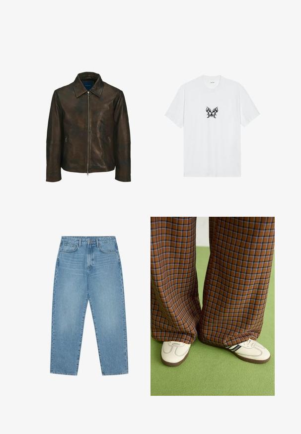 Barna bőrkabát, gallérral, elöl cipzárral és két oldalsó cipzáras zsebből áll. Simó textúrával és kissé kopottas megjelenéssel rendelkezik.; Fehér pamut póló rövid ujjakkal és kerek nyakkivágással. Középen fekete lángmintás lepke grafika található. Sima textúra.; Világoskék farmer széles szárú nadrág magas derékkal, öt zsebből, övhurkokkal és puha, enyhén fakó textúrával.; Barna és kék kockás, bőrt lábú nadrág, fehér cipővel, fekete részletekkel és texturált talppal, zöld háttér előtt.