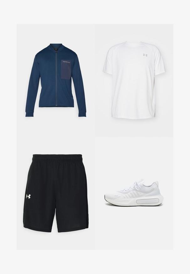 Jūrinės spalvos zip-up striukė, pagaminta iš minkštos medžiagos, su stovinčiu apykakle, ilgomis rankovėmis ir siuvinėta kišene su logotipu kairėje krūtinės pusėje.; Balta trumpa rankovėmis sportinė marškinėliai, pagaminti iš lygaus audinio. Yra apvalus kaklas ir pilkas logotipas kairėje krūtinės pusėje, o apatinėje dalyje yra šoninės plyšiai.; Juodi sportiniai šortai, pagaminti iš lengvos medžiagos, su elastinga juostele ir balta logotipu kairėje pusėje.; Baltas sportinis batelis su tekstūruota trikotažo viršutine dalimi, su raišteliais, paminkštintu padu ir išskirtiniu ženklas šone.