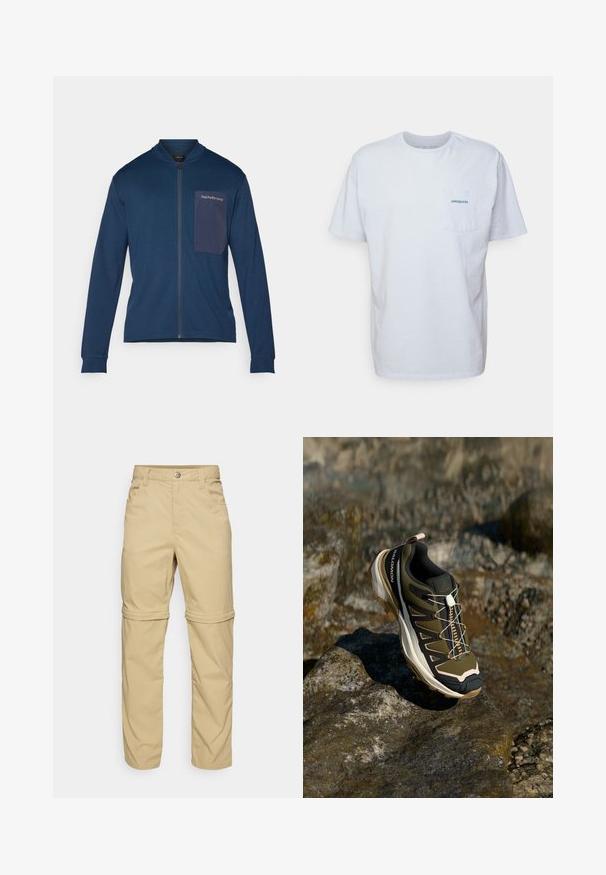 Námořnická zipová bunda vyrobená z měkké tkaniny, s stojáčkovým límcem, dlouhými rukávy a náprsní kapsou s logem na levé hrudi.; Bílá bavlněná tričko s krátkými rukávy, kulatým výstřihem a kapsou na levé straně hrudi, která má modré logo "Patagonia". Klasický střih s hladkou strukturou.; Béžové kalhoty se zipem, hladkého povrchu, s dvěma bočními kapsami, knoflíkovým zapínáním a ohrnovacími manžetami pro všestranné použití.; Trekové boty v olivově zelené a černé barvě s růžovými detaily. Mají texturovaný svršek, flexibilní podrážku, vyztuženou špičku a barevný systém šněrování.