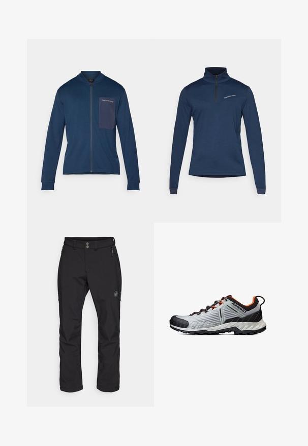 Marineblå zip-up jakke lavet af blødt stof, med ståkrave, lange ærmer og en lomme på venstre bryst med logo-detalje.; Marineblå langærmet trøje med lynlås i halsen, lavet af blødt stof. Har et diagonalt paneldesign og et diskret logo på brystet.; Svarte udendørs bukser med lige ben, lavet af slidstærkt stof. Har to frontlommer med lynlåse og et logo på låret.; Lettrige grå trail sko med sorte og orange detaljer. Har en tekstureret overdel, gummitoe kappe og en holdbar grebsål.