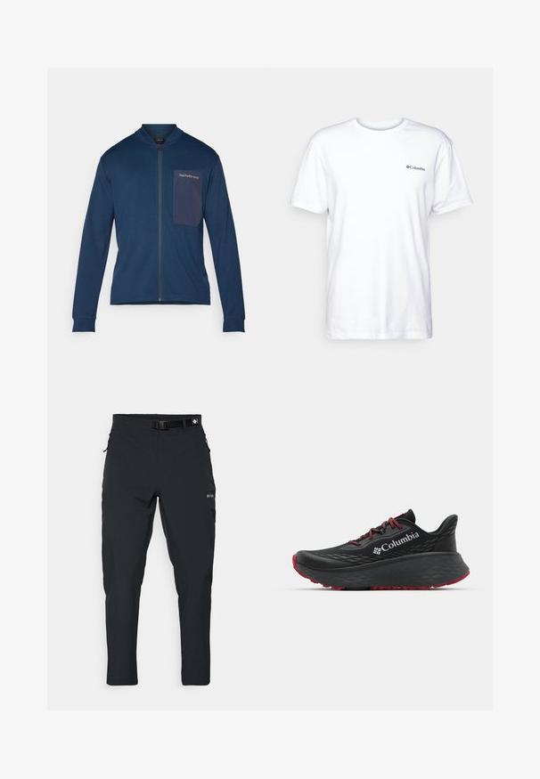 Navy zip-up jacket made of soft fabric, featuring a stand collar, long sleeves, and a patch pocket with logo detail on the left chest.; White cotton t-shirt with short sleeves, crew neck, and a small black Columbia logo on the left chest. Soft, plain design.; Columbia ESSENTIAL HIKE™ PANT - Outdoor trousers - black; Black athletic shoe with textured upper, red laces, and logo. Thick sole with patterned tread for traction. Minimalist design, side view.