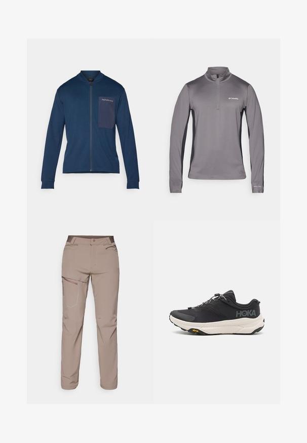 Mornarica jakna na zip od mekog materijala, s visokim ovratnikom, dugim rukavima i zakrpa džepom s detaljem loga na lijevoj strani prsima.; Sivi pulover dugih rukava s polu zatvaračem, teksturirana tkanina, kontrastni crni bočni paneli i mali logotip na prsima.; Salomon WAYFARER PANTS - Hlače za otvoreno - iron; Crni atletski čizme s teksturiranim gornjim dijelom, sivi naglasci, reflektirajući detalji i debela bijela potplat s Vibram oznakom.