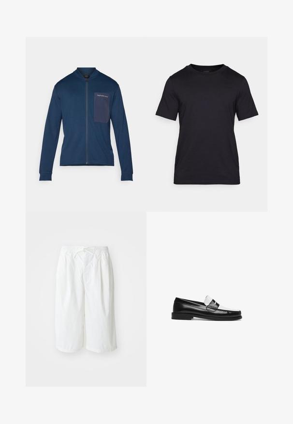 Navy zip-up jacket made of soft fabric, featuring a stand collar, long sleeves, and a patch pocket with logo detail on the left chest.; Black T-shirt made of smooth fabric, featuring a crew neckline and short sleeves. Subtle branding printed in black on the chest.; White shorts with an elastic waistband and drawstring, displayed against a plain light background. Suitable for casual or warm weather wear.; Black and white leather loafer with a shiny finish, featuring a flat sole, stitched accents, and a decorative strap across the upper.