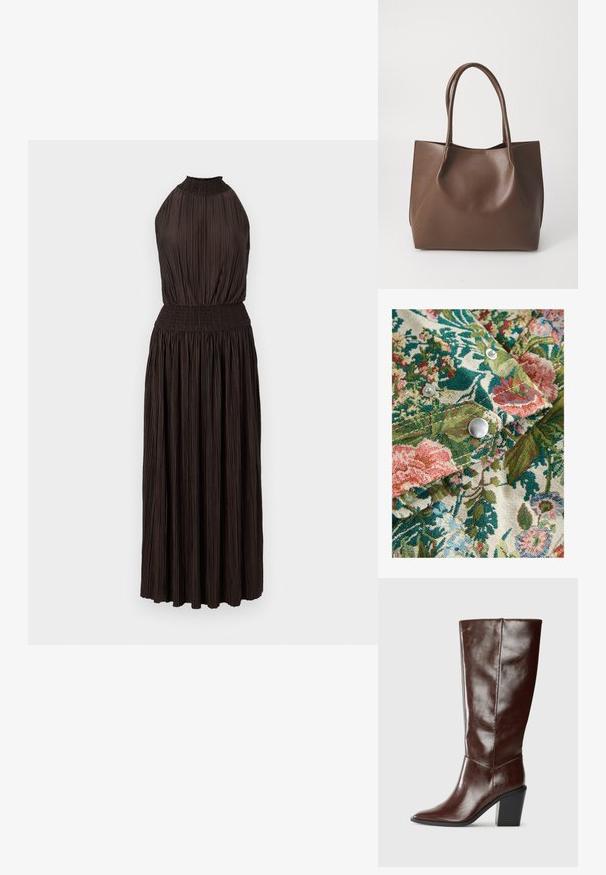 Lillelilledega kangas rikkalikes roheline, roosa ja sinise toonides; sisaldab hõbedasi nupuvajutusi ja tekstuuri. ; Pronged, tumepruun kleit kõrge kaelusega, kumerdatud vöökoha ja laieneva seelikuosa. Valmistatud kergest kangast, millel on ühtlane gatheredus üle kogu.; Kõrge tumepruun nahkne saapas terava varba ja kihilise ploki kontsaga, kujutatud külgvaates ühevärvilisel taustal.; Pruun nahkne kott kahe pika sangaga, struktureeritud kuju, sile pind ja minimalistik disain. Ilma nähtava riistvara või aksessuaarideta.