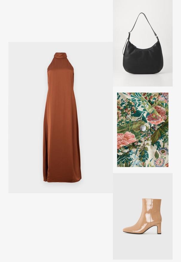 Tissu à motif floral avec des teintes riches de vert, rose et bleu ; comprend des boutons-pression en argent et un tissage texturé.; Robe sans manches en satin de longueur maxi couleur orange brûlée avec un col en drapé haut et une silhouette fluide et élégante.; Bottes à talon nu patent avec un bout pointu, une finition brillante et un talon bloc de hauteur intermédiaire. Texture lisse et silhouette élégante.; Sac hobo noir en matériau lisse et durable. Comprend une seule sangle réglable et un logo embossé subtil à l'avant.