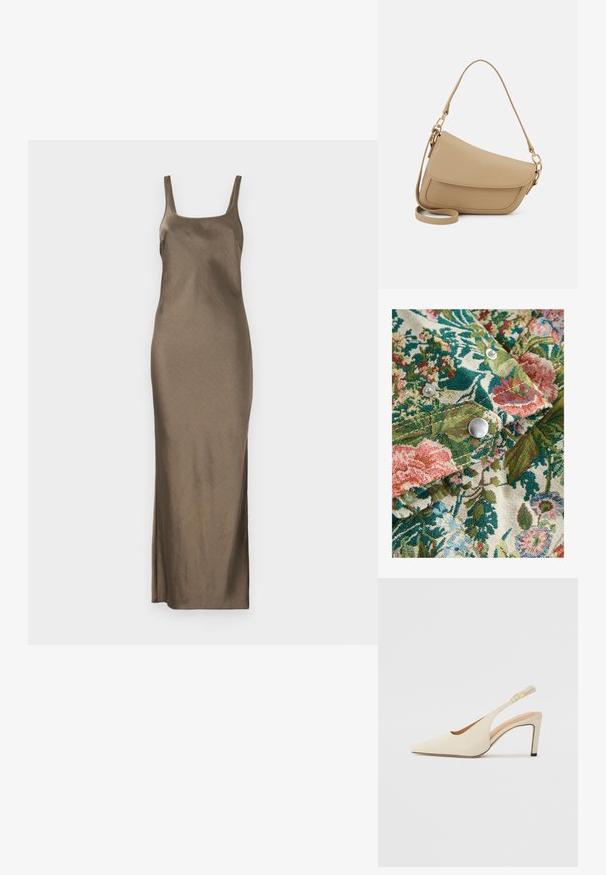 Kukallinen kangas, jossa on runsaasti vihreitä, vaaleanpunaisia ja sinisiä sävyjä; mukana hopeiset nepparit ja teksturoitu kudonta.; Ruskea satiini liukupuku, jossa on ohuet olkaimet, suora helma ja sivuaukko, esittelee sileää, kiiltävää pintaa.; Beige nahkaiset slingback-kengät, joissa on teräväkärkinen muotoilu, avonaiset sivut ja kapea korkea korko. Sukulaisuus kullanvärinen yksityiskohta remmissä.; Even&Odd Käsilaukku - beige
