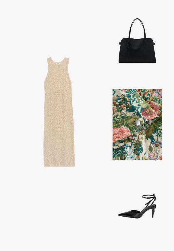 Stoff mit floralen Mustern in satten Grüntönen, Rosa und Blau; umfasst silberne Druckknöpfe und ein strukturiertes Gewebe.; Strickkleid in hellem Beige, ärmelloses Design, mit einem strukturierten Muster. Verfügt über einen Rundhalsausschnitt und reicht bis zur Mitte der Wade.; Schwarzer spitzer High Heel mit einem ausgeschnittenen Design und verstellbarem Knöchelriemen. Der Schuh hat eine glatte, glänzende Oberfläche und einen schlanken Absatz.; Schwarze Lederhandtasche mit zwei Schulterriemen, rechteckiger Form und minimalistischem Design auf weißem Hintergrund.