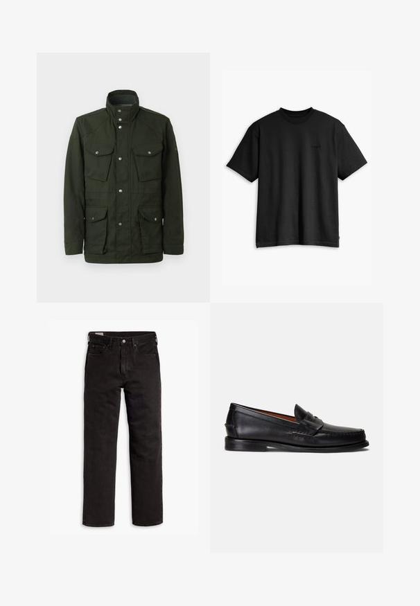 Sötétzöld, közepes hosszúságú dzseki magas gallérral és ezüst színű fémrészekkel. Két mellzsebe és két alsó oldalzsebe van. Simább textúrájú.; Fekete pamut póló kerek nyakkal és rövid ujjakkal. Diszkrét elülső logóval és egyenes szegéllyel rendelkezik. Egyszerű és minimalista dizájn.; Fekete egyenes szárú farmernadrág öt zsebbel, gombos záródással és övhurkokkal, fehér háttéren elhelyezve.; Fekete bőrből készült mokaszinok sima felülettel, lekerekített orral és díszítő szalaggal a felsőrészén. Alacsony fekete talppal rendelkeznek.