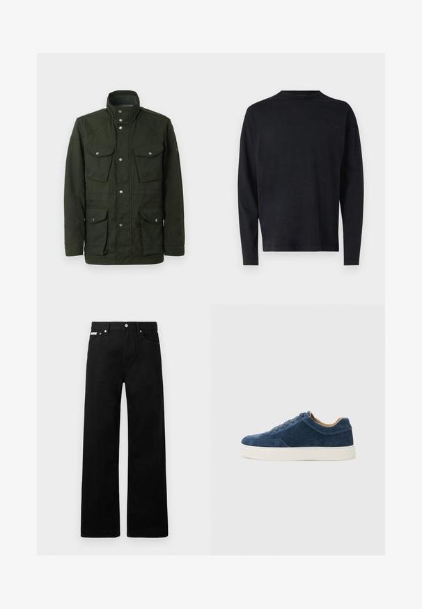 Mörkgrön, midilång jacka med hög krage och silverdetaljer. Har två bröstfickor och två nedre sidofickor. Slät textur.; Svart långärmad skjorta gjord av mjukt tyg. Har rundad halsringning och neddragna axlar. Slät textur utan synliga mönster.; Svarta denimbyxor med en vid bendesign, som har fem fickor och metallknappar. Slät textur, inga synliga mönster.; Blå mockaskor med vit gummisula, snörningsdesign, rund tå och kontrasterande tan-inredning. Subtila sömnadsdetaljer.