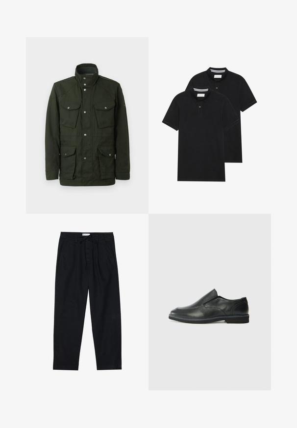 Dark green, mid-length jacket with high collar and silver hardware. Features two chest pockets and two lower side pockets. Smooth texture.; Two black polo shirts, short-sleeved, cotton material, featuring a classic collar, two-button placket, and white striped accents inside the collar.; Pier One Chinos - black; Black leather slip-on shoe with a smooth upper, stitched accents, rounded toe, and a low rubber heel. Sole features minimal tread.
