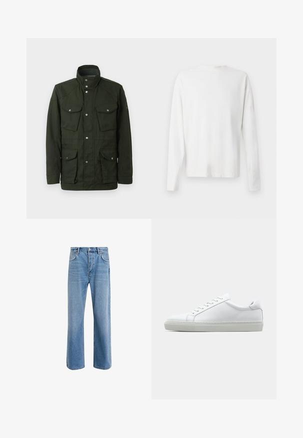 Dark green, mid-length jacket with high collar and silver hardware. Features two chest pockets and two lower side pockets. Smooth texture.; Long-sleeved white cotton shirt with a round neckline, side slits at the bottom, and a smooth texture, displayed from the back.; Light blue denim jeans with a straight-leg design, five pockets, button closure, minimal fading, and contrasting stitching details.; White sneaker with a smooth leather upper and a low profile. Features a rounded toe, six eyelets, and a textured rubber sole.